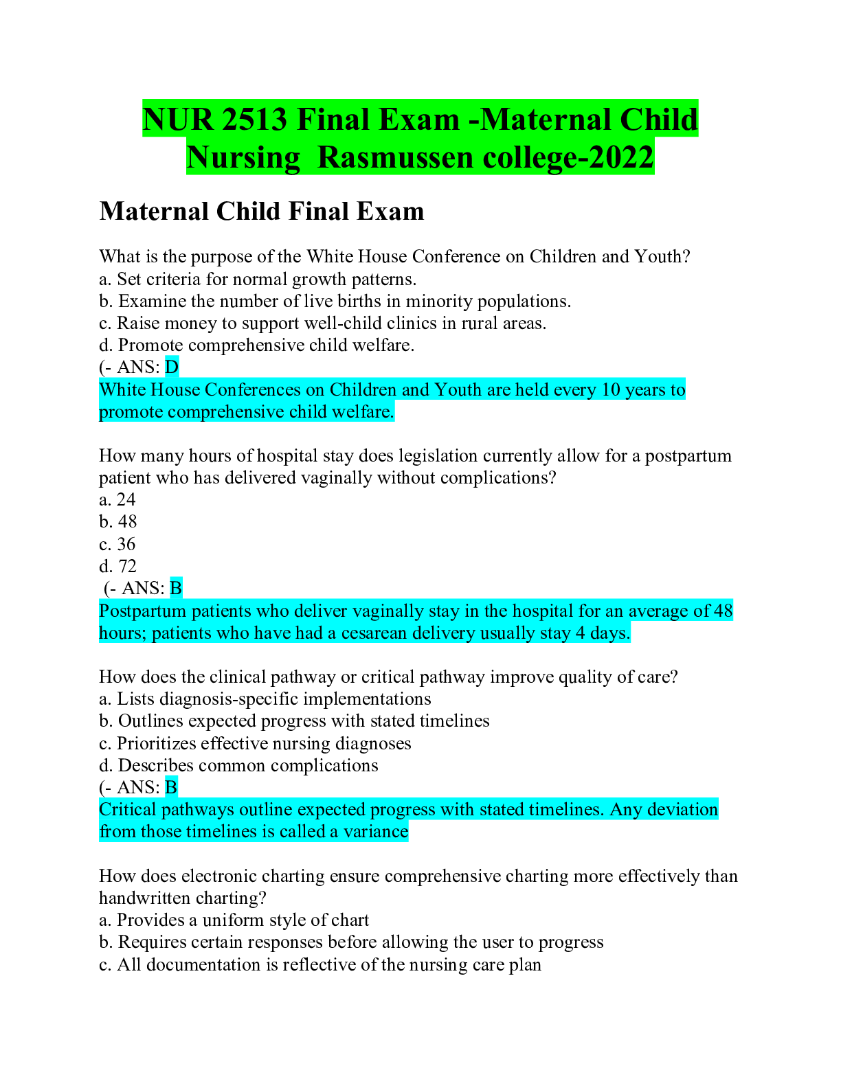 Preview of NUR 2513 Final Exam -Maternal Child Nursing  Rasmussen college-2022